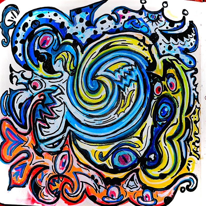 Swirling doodle in blue, yellow and green, with eyes and curling shapes filling the whole page