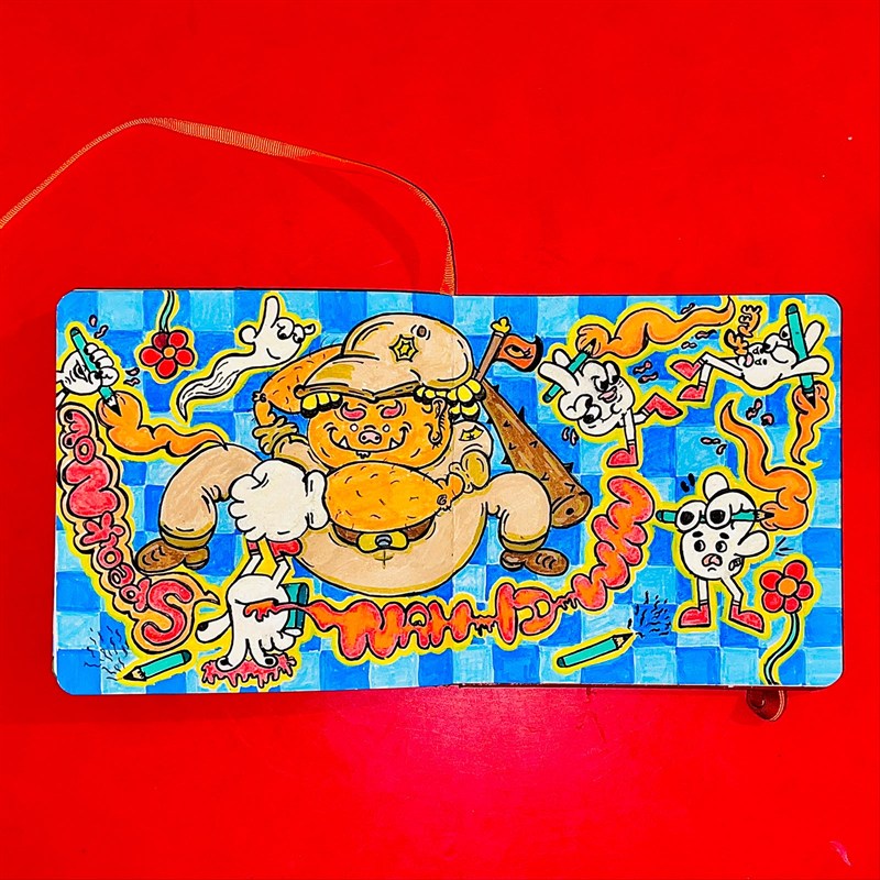 Bright cartoon doodle of a stout figure in a hat surrounded by small characters on a blue checked background, on a red table