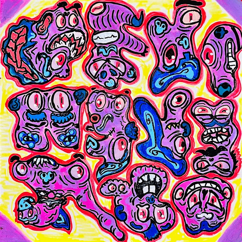 Dense doodle of purple, pink and blue cartoon faces and eyes on a yellow background